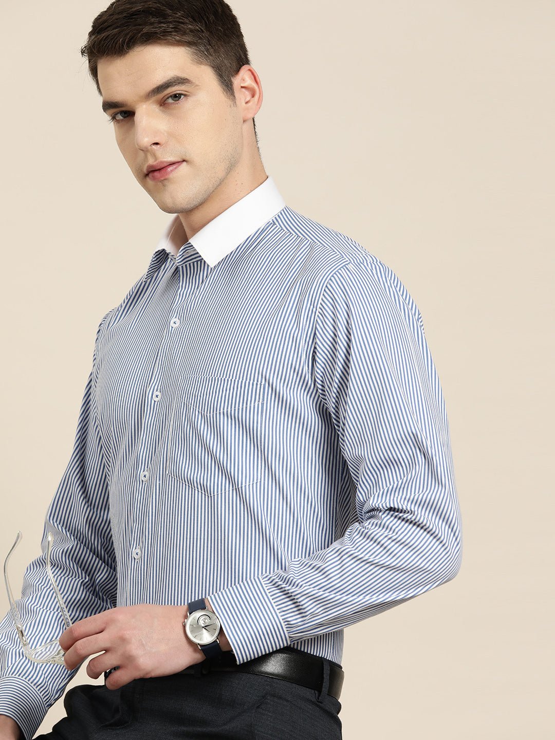 Men White & Blue Stripes Pure Cotton Slim fit Formal Shirt - #folk republic#