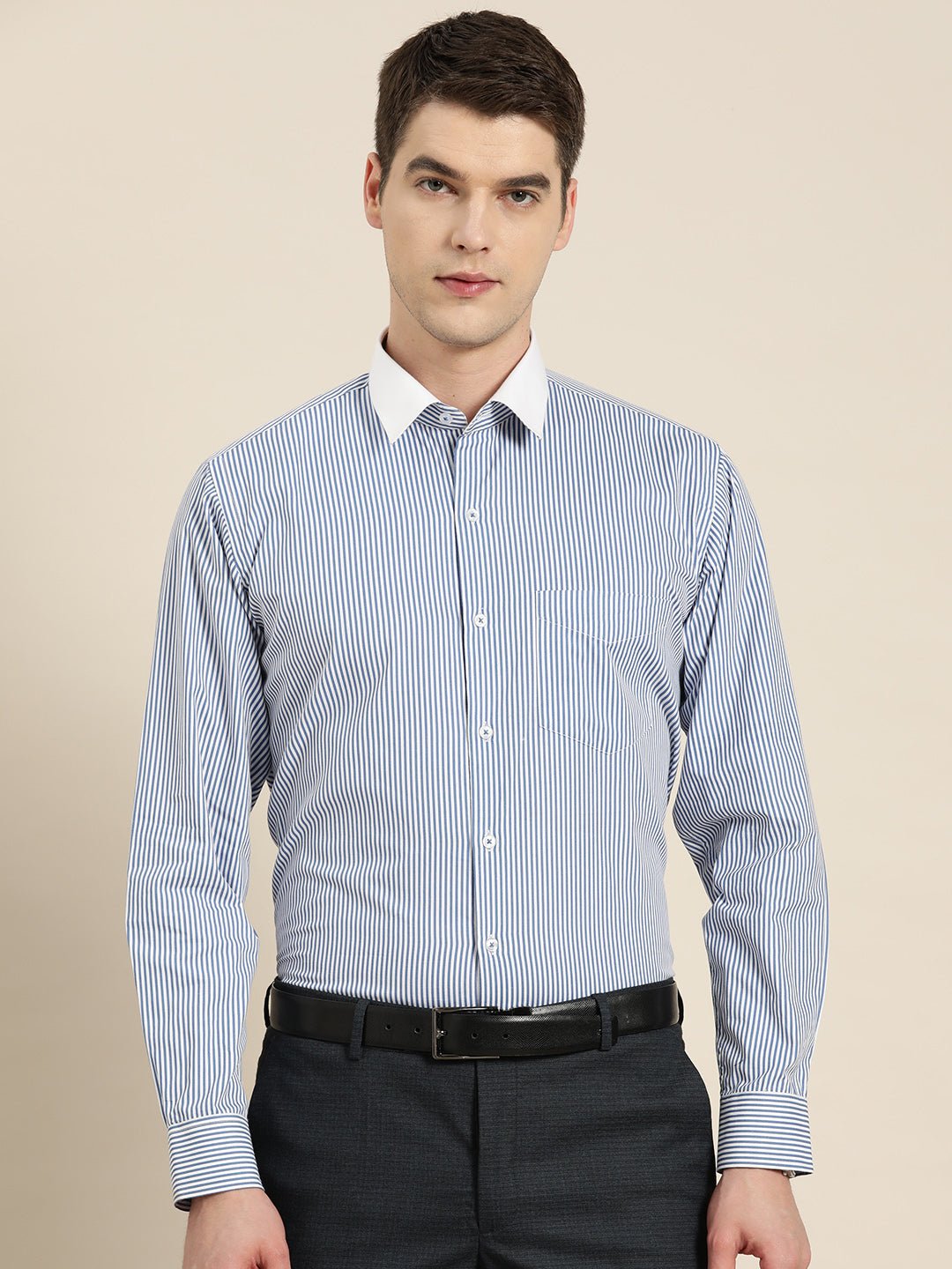 Men White & Blue Stripes Pure Cotton Slim fit Formal Shirt - #folk republic#