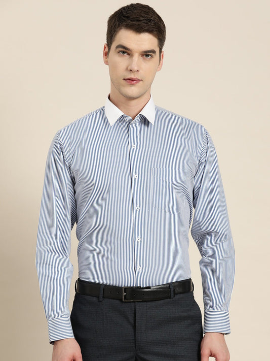 Men White & Blue Stripes Pure Cotton Slim fit Formal Shirt - #folk republic#