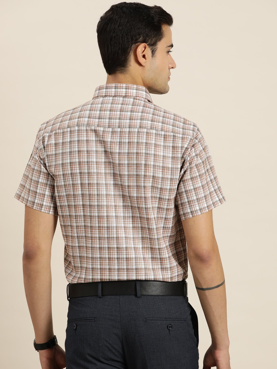 Men White & Brown Checks Cotton Rich Slim fit Formal Shirt - #folk republic#