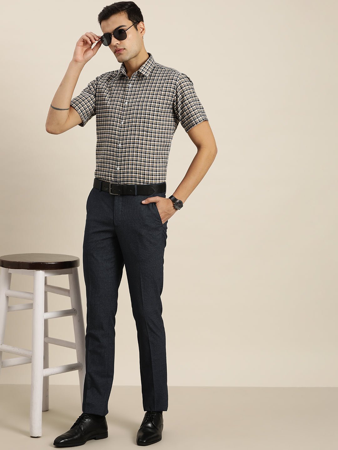 Men White & Brown Checks Cotton Rich Slim fit Formal Shirt - #folk republic#