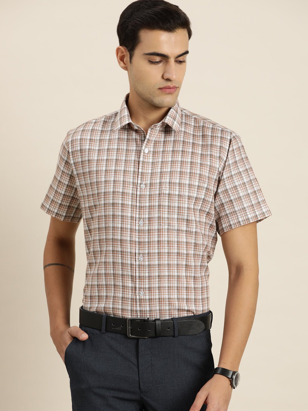 Men White & Brown Checks Cotton Rich Slim fit Formal Shirt - #folk republic#
