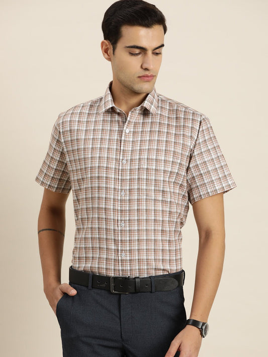 Men White & Brown Checks Cotton Rich Slim fit Formal Shirt - #folk republic#