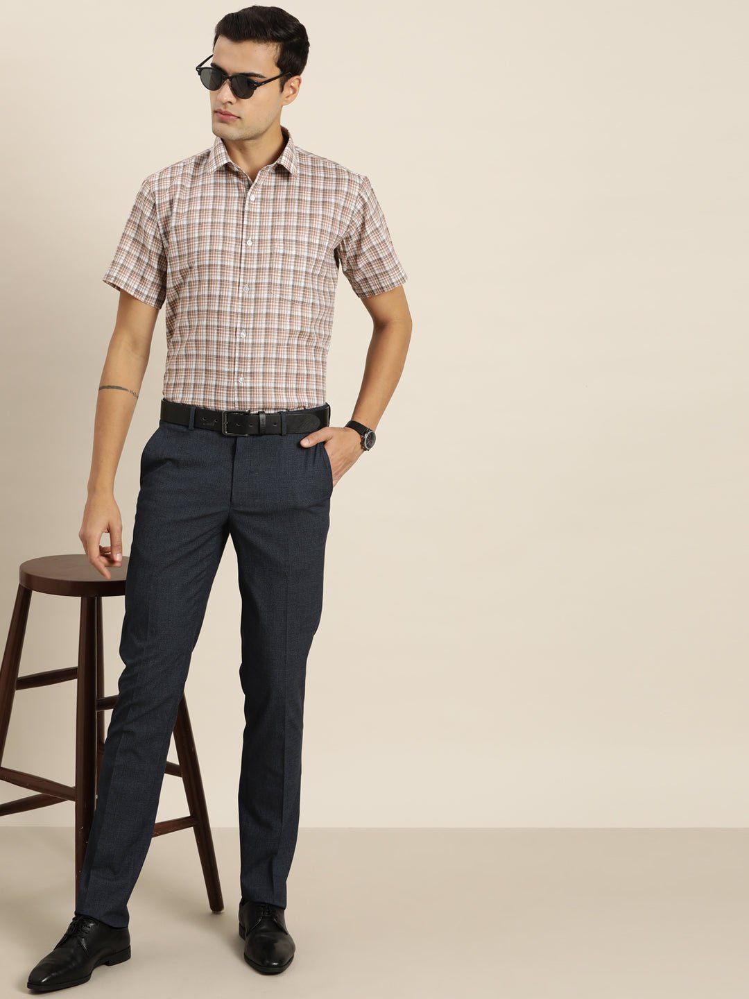 Men White & Brown Checks Cotton Rich Slim fit Formal Shirt - #folk republic#