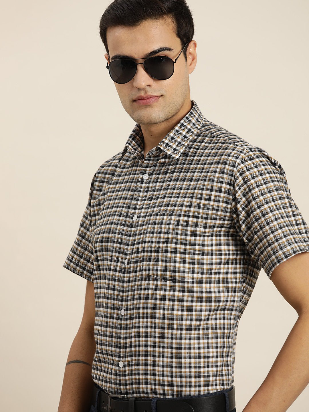 Men White & Brown Checks Cotton Rich Slim fit Formal Shirt - #folk republic#