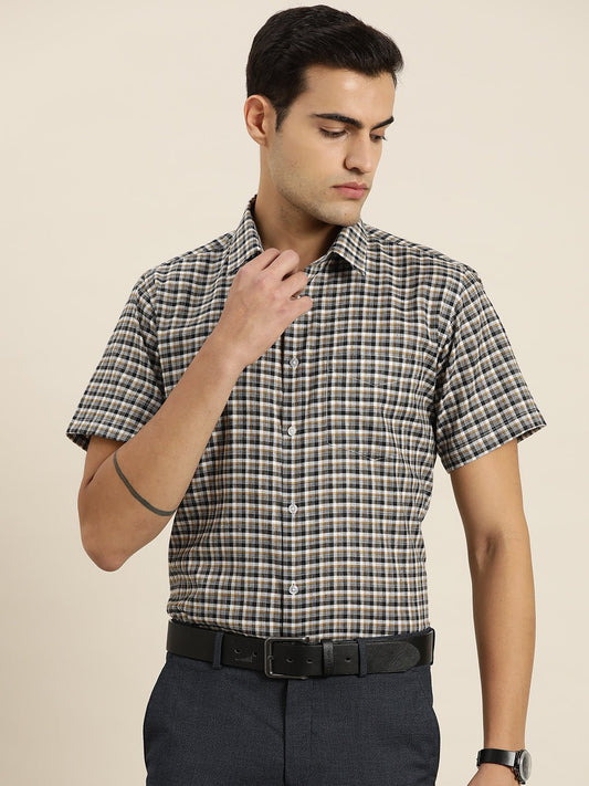 Men White & Brown Checks Cotton Rich Slim fit Formal Shirt - #folk republic#