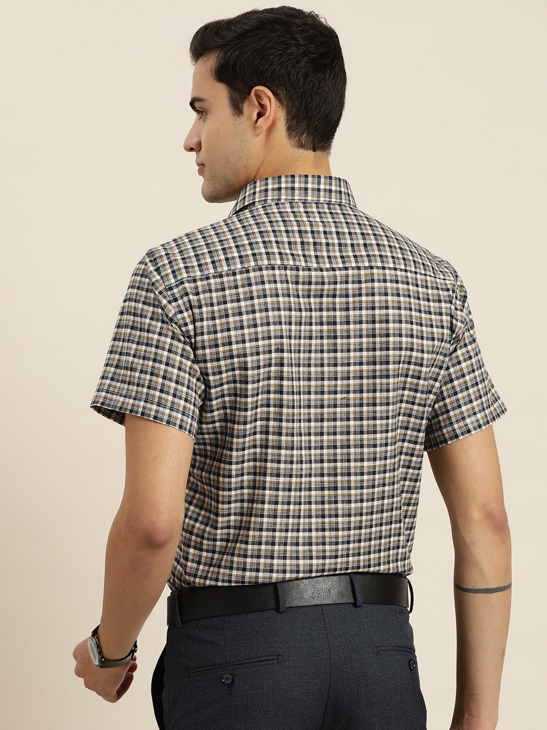 Men White & Brown Checks Cotton Rich Slim fit Formal Shirt - #folk republic#