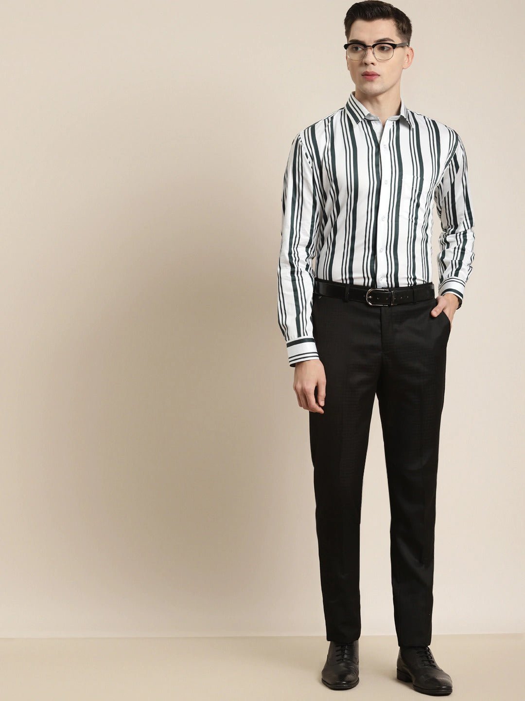 Men White & Green Stripes Pure Cotton Slim Fit Formal Shirt - #folk republic#