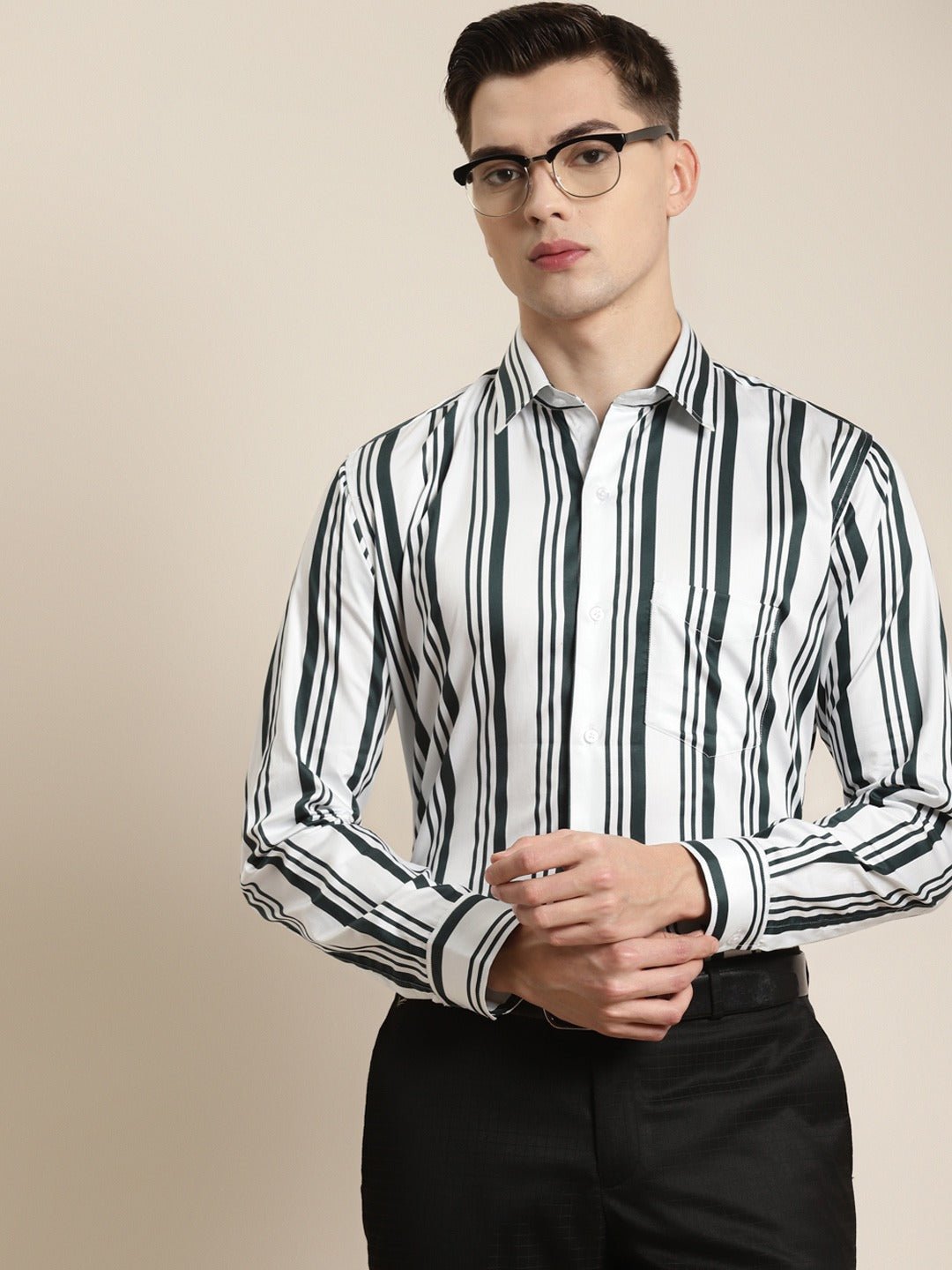 Men White & Green Stripes Pure Cotton Slim Fit Formal Shirt - #folk republic#