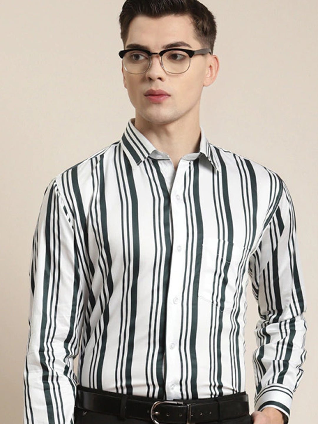 Men White & Green Stripes Pure Cotton Slim Fit Formal Shirt - #folk republic#