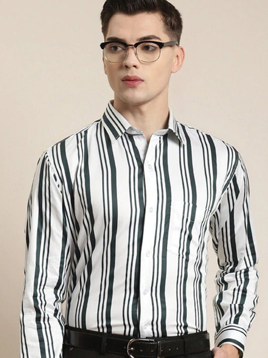 Men White & Green Stripes Pure Cotton Slim Fit Formal Shirt - #folk republic#