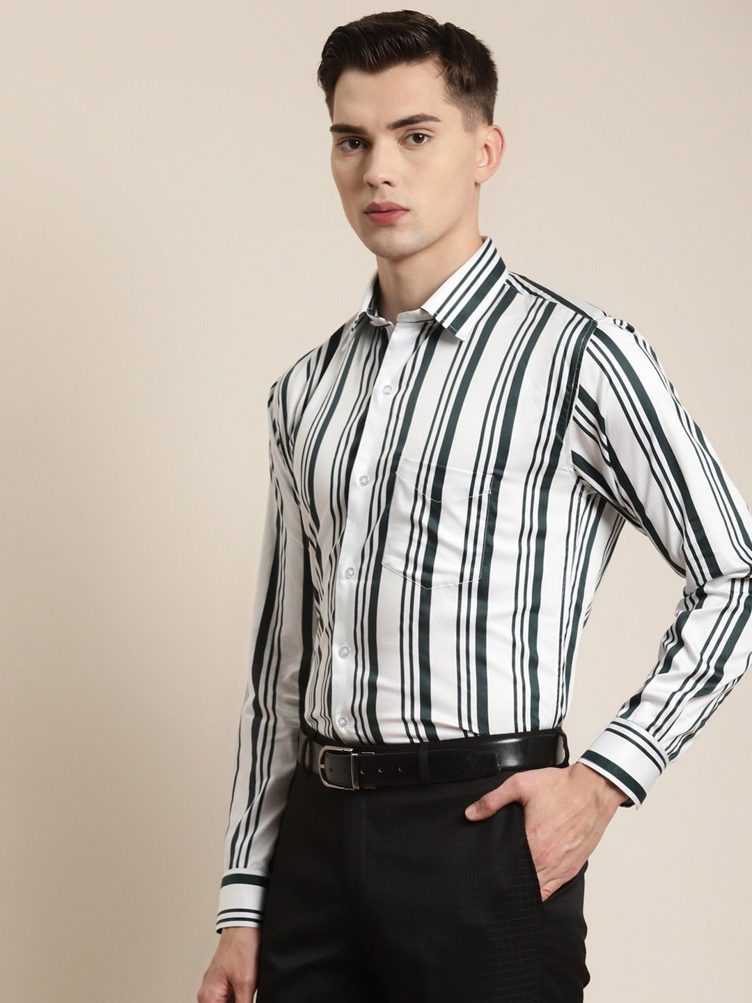 Men White & Green Stripes Pure Cotton Slim Fit Formal Shirt - #folk republic#