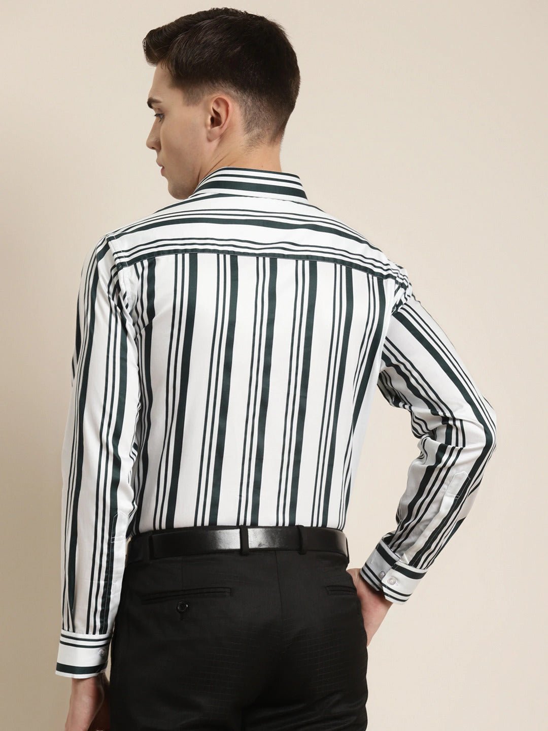 Men White & Green Stripes Pure Cotton Slim Fit Formal Shirt - #folk republic#