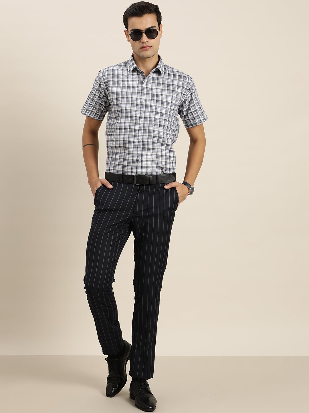 Men White & Grey Checks Cotton Rich Slim fit Formal Shirt - #folk republic#