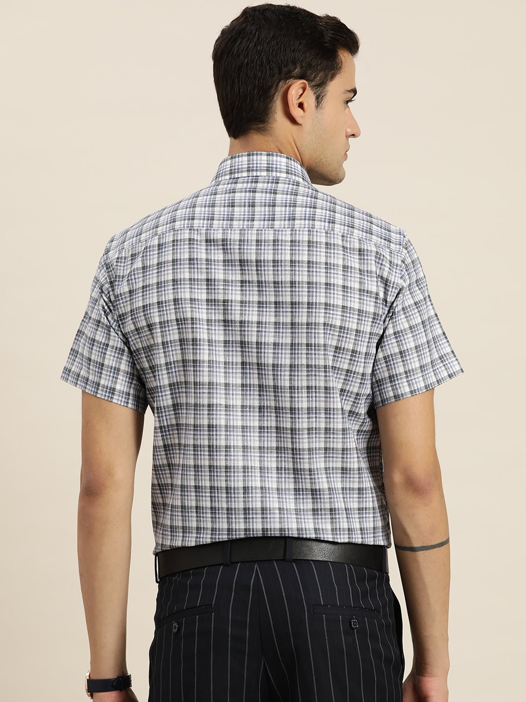 Men White & Grey Checks Cotton Rich Slim fit Formal Shirt - #folk republic#