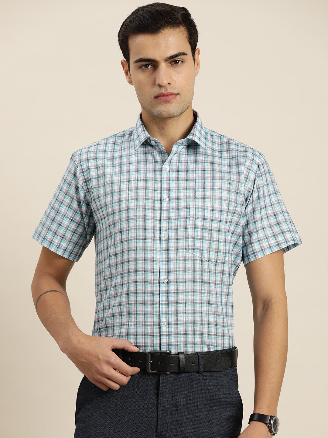 Men White & Grey Checks Cotton Rich Slim fit Formal Shirt - #folk republic#
