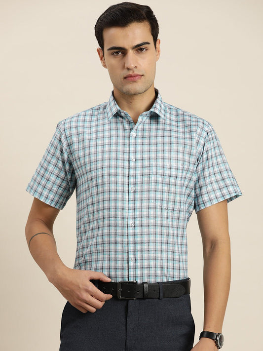 Men White & Grey Checks Cotton Rich Slim fit Formal Shirt - #folk republic#