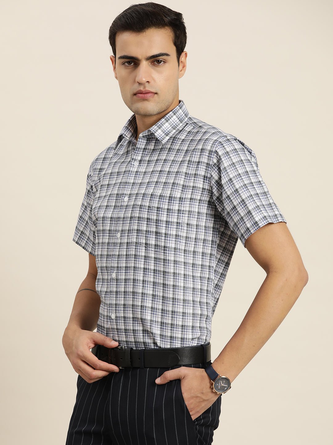 Men White & Grey Checks Cotton Rich Slim fit Formal Shirt - #folk republic#