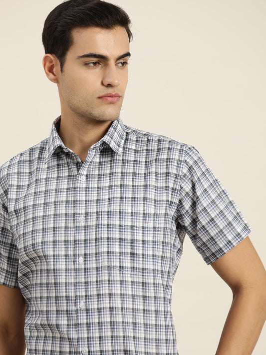 Men White & Grey Checks Cotton Rich Slim fit Formal Shirt - #folk republic#