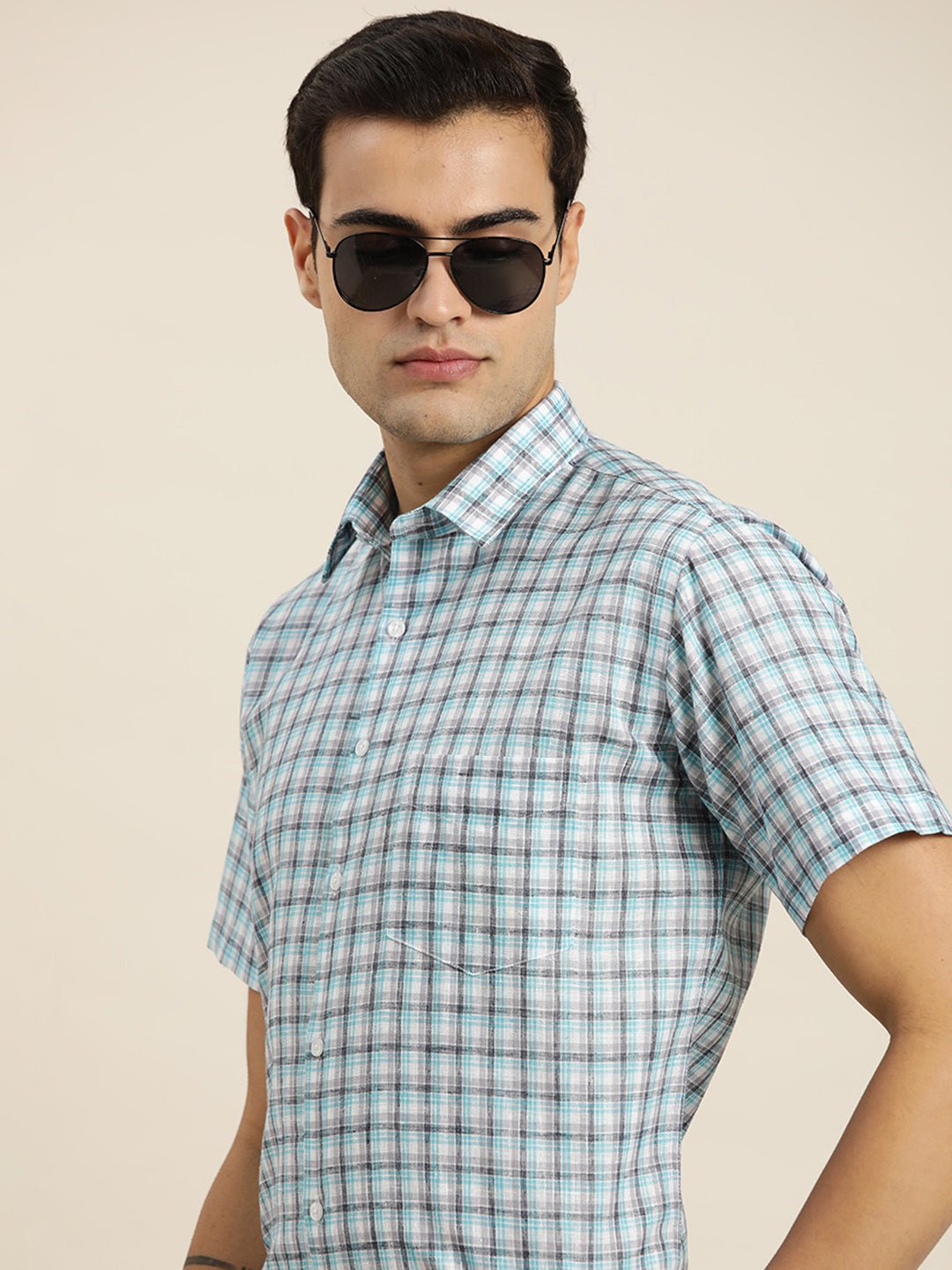 Men White & Grey Checks Cotton Rich Slim fit Formal Shirt - #folk republic#