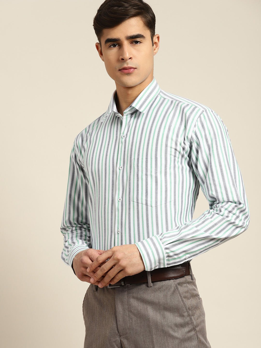 Men White & Grey Stripes Pure Cotton Slim fit Formal Shirt - #folk republic#