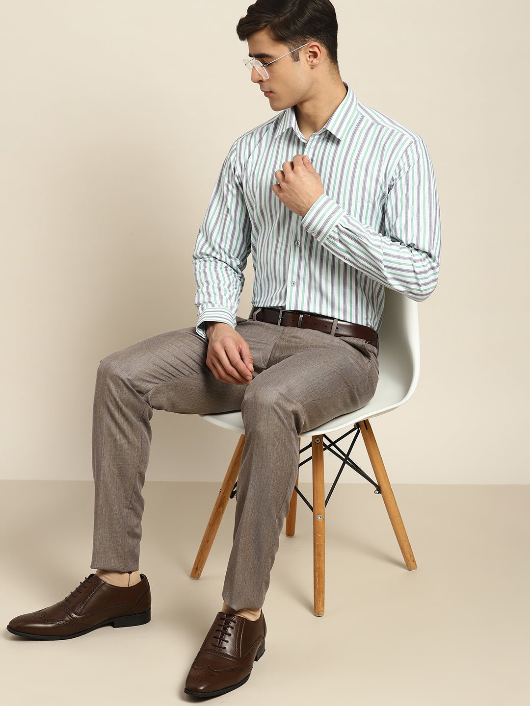 Men White & Grey Stripes Pure Cotton Slim fit Formal Shirt - #folk republic#