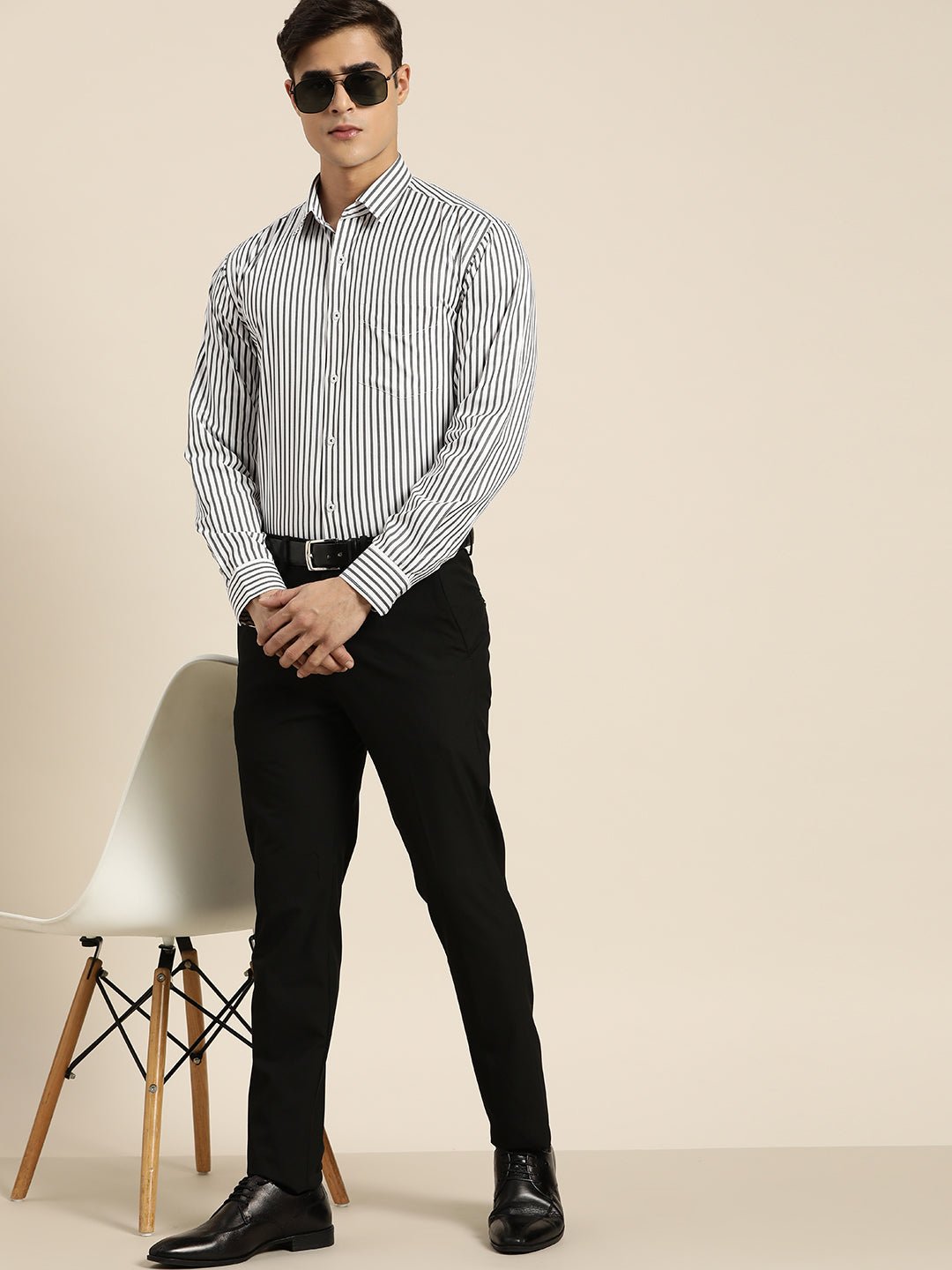 Men White & Grey Stripes Pure Cotton Slim fit Formal Shirt - #folk republic#
