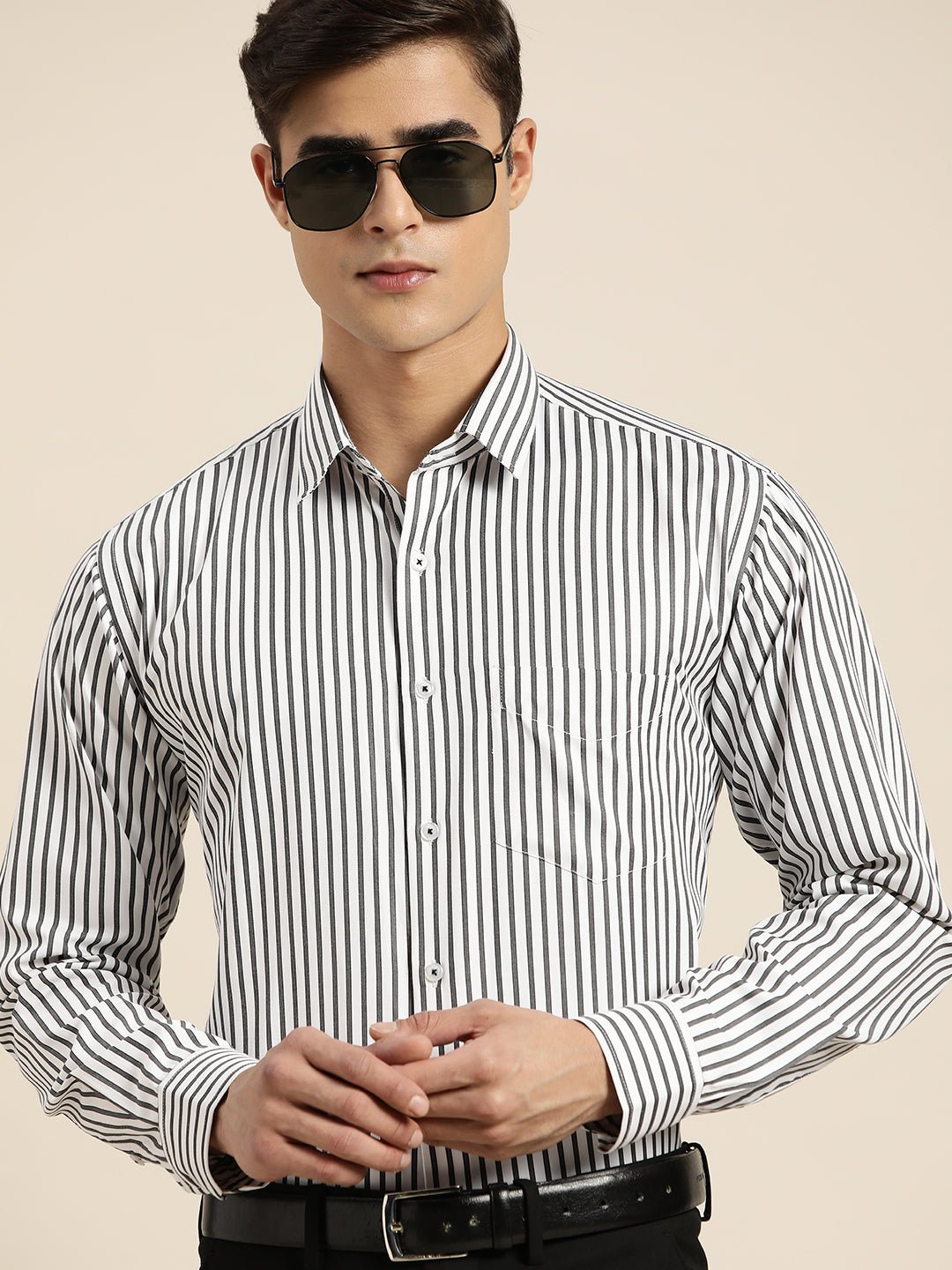 Men White & Grey Stripes Pure Cotton Slim fit Formal Shirt - #folk republic#