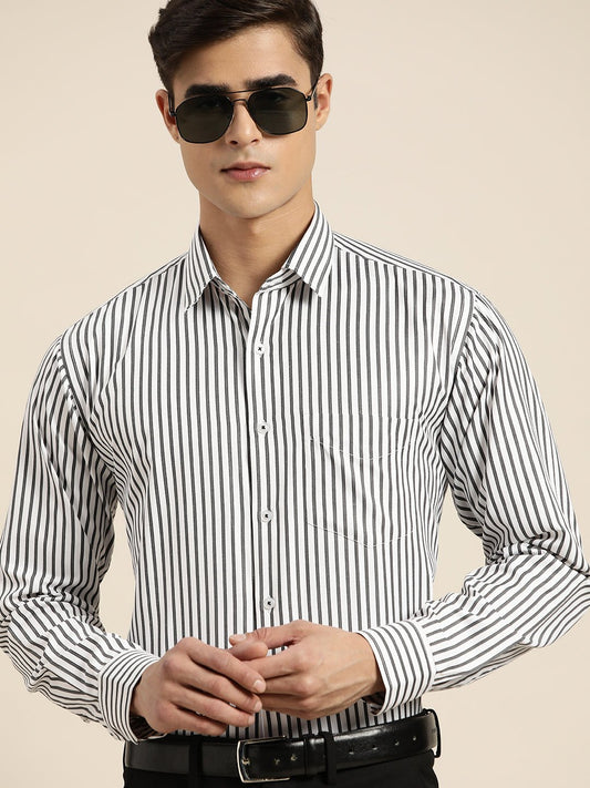 Men White & Grey Stripes Pure Cotton Slim fit Formal Shirt - #folk republic#