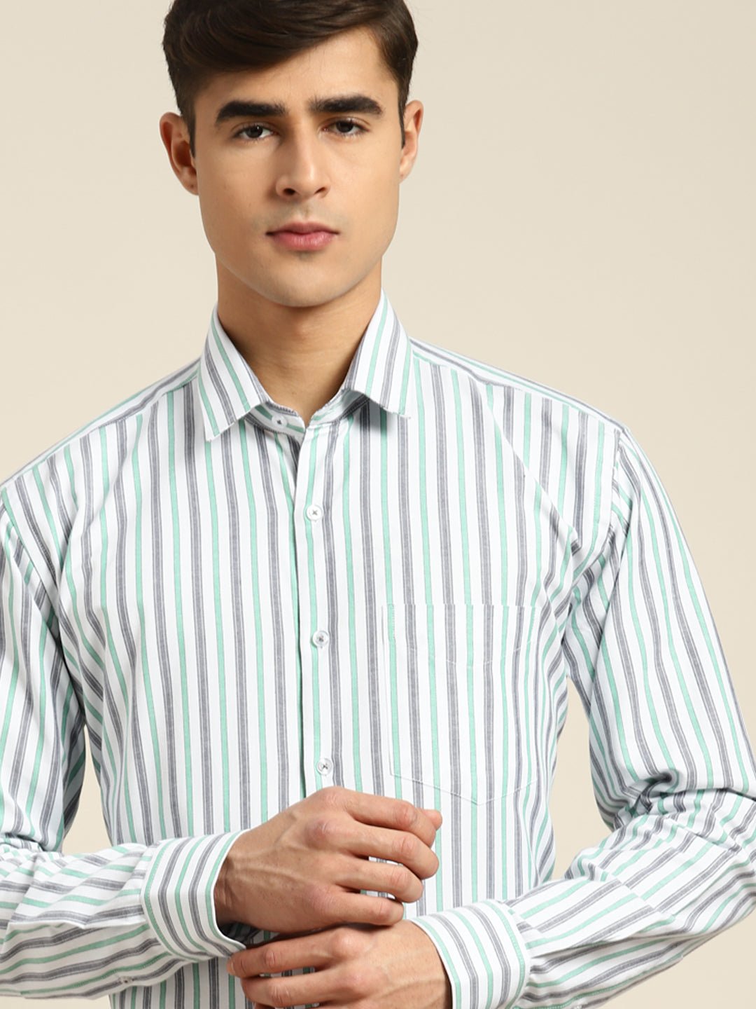 Men White & Grey Stripes Pure Cotton Slim fit Formal Shirt - #folk republic#