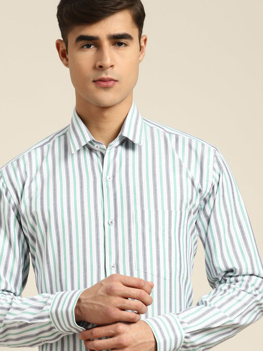 Men White & Grey Stripes Pure Cotton Slim fit Formal Shirt - #folk republic#