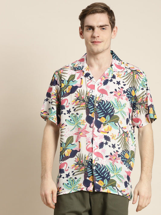 Men White & Multi Print Viscose Rayon Relaxed Fit Casual Resort Shirt - #folk republic#