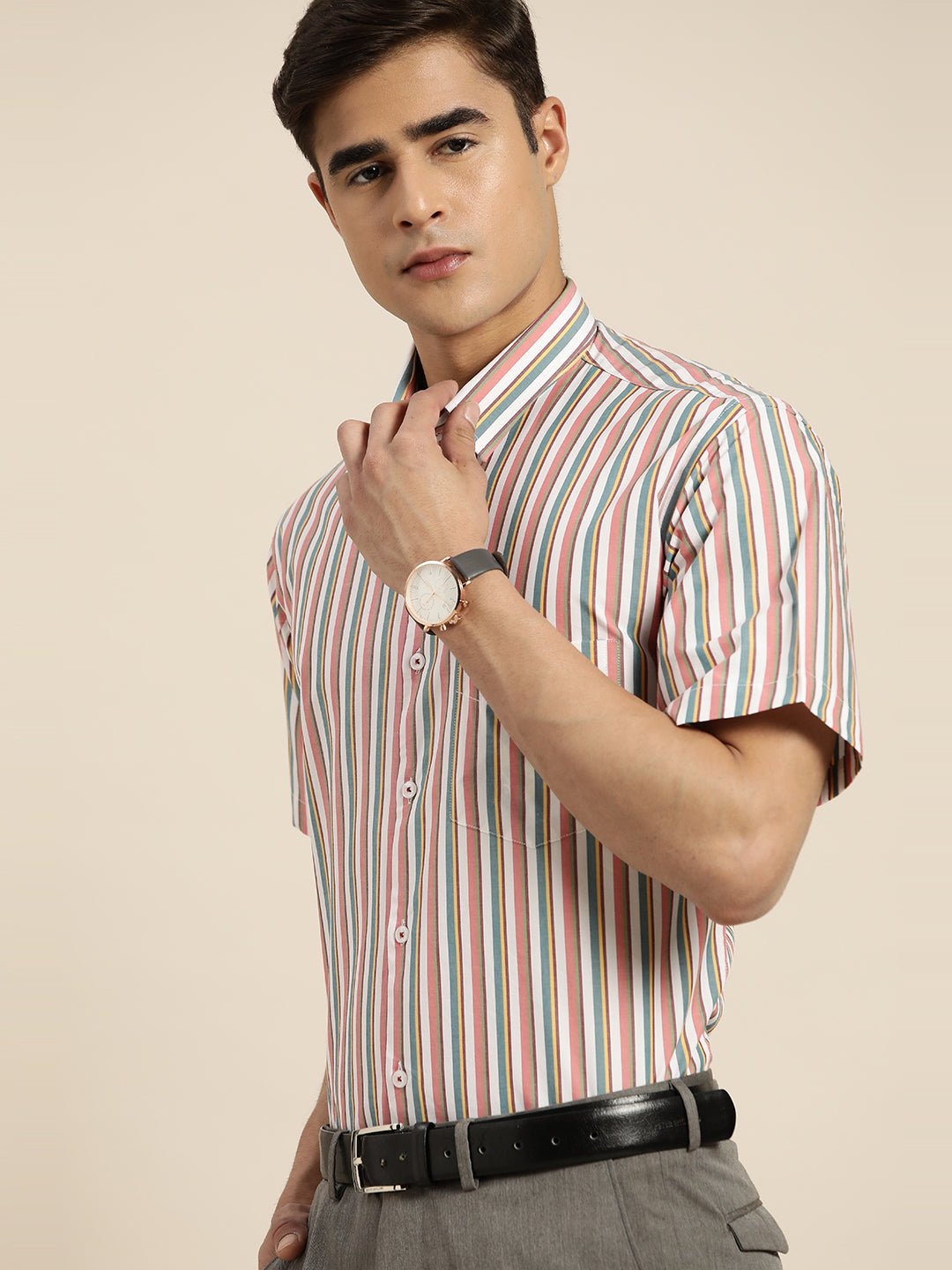Men White & Multi Stripes Pure Cotton Slim fit Formal Shirt - #folk republic#