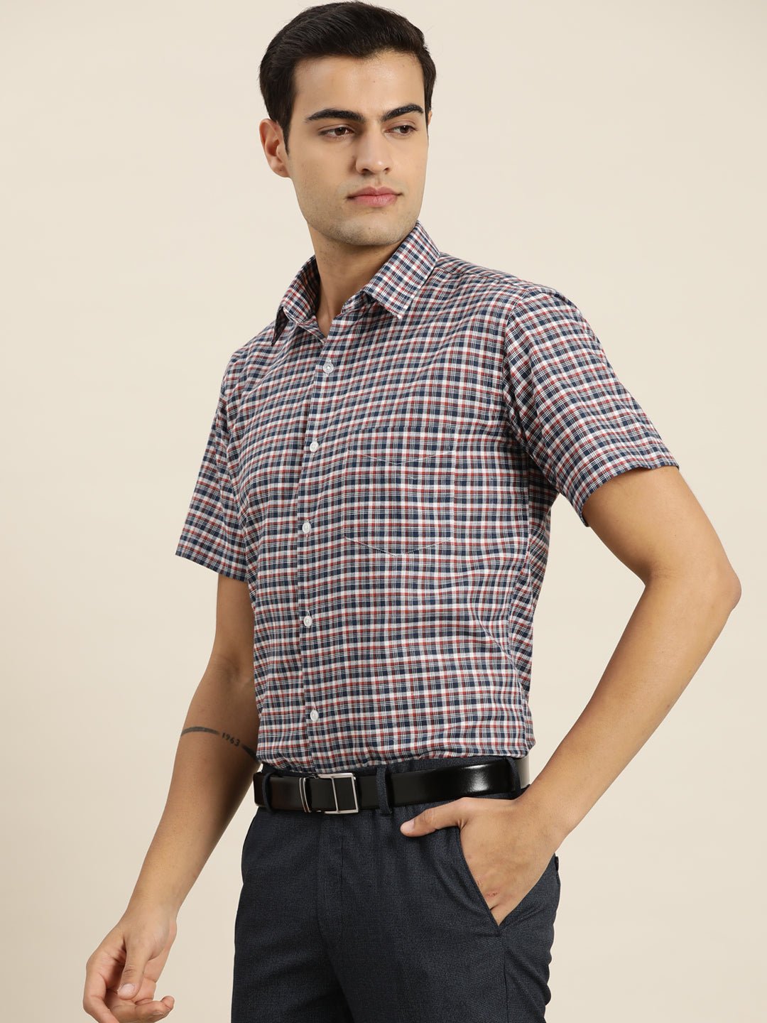 Men White & Navy Checks Cotton Rich Slim fit Formal Shirt - #folk republic#