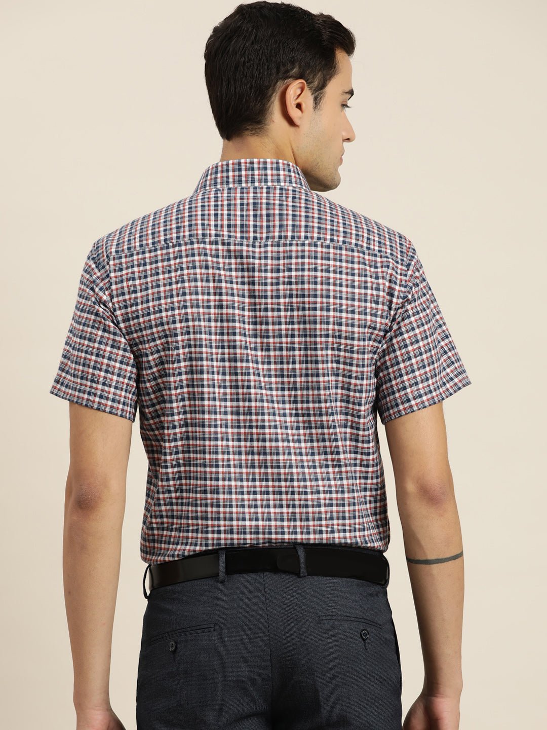Men White & Navy Checks Cotton Rich Slim fit Formal Shirt - #folk republic#