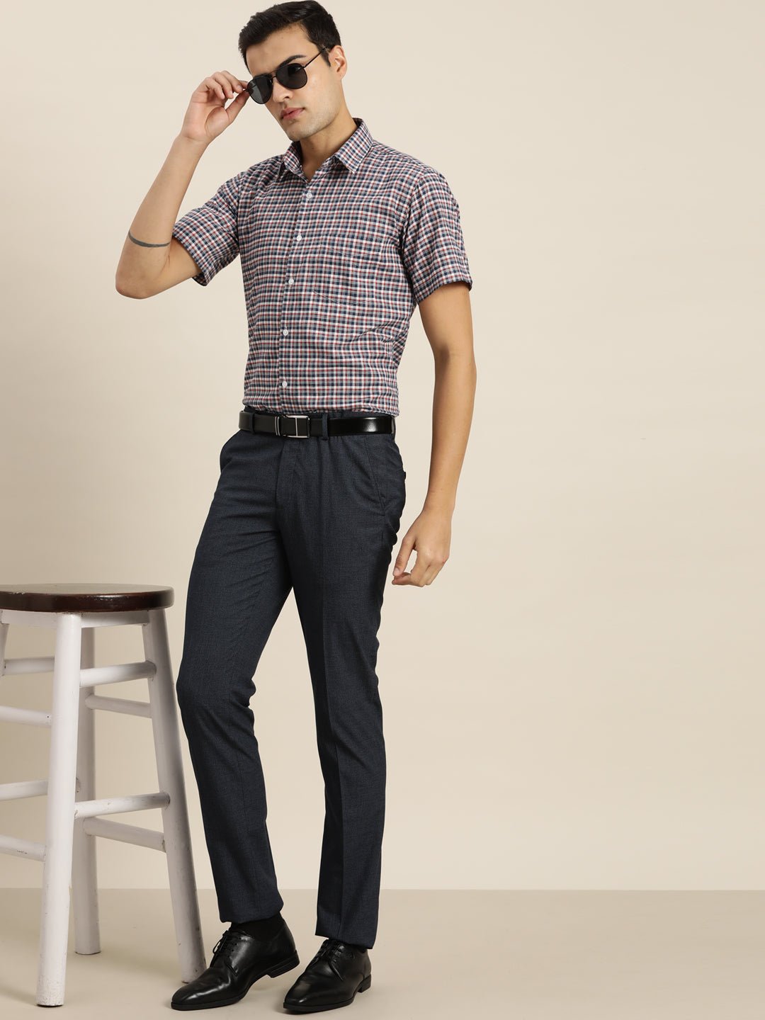 Men White & Navy Checks Cotton Rich Slim fit Formal Shirt - #folk republic#