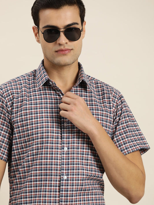 Men White & Navy Checks Cotton Rich Slim fit Formal Shirt - #folk republic#