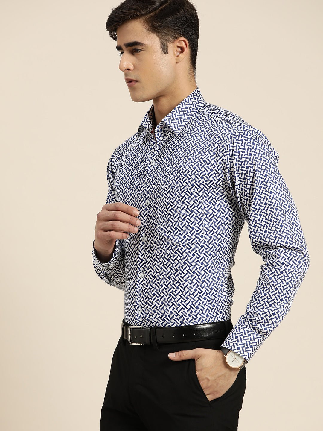 Men White & Navy Print Pure Cotton Slim fit Party Shirt - #folk republic#
