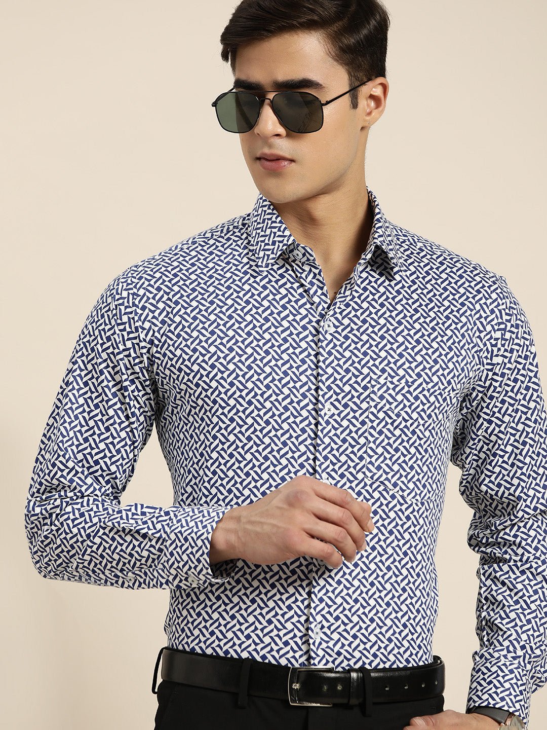 Men White & Navy Print Pure Cotton Slim fit Party Shirt - #folk republic#