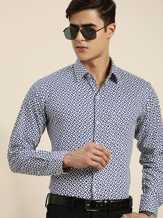Men White & Navy Print Pure Cotton Slim fit Party Shirt - #folk republic#