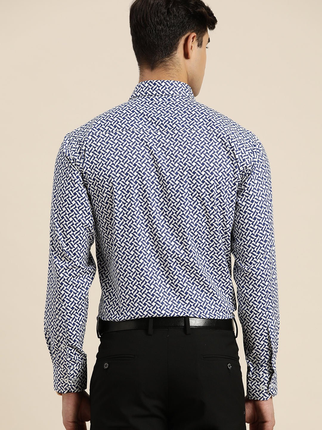 Men White & Navy Print Pure Cotton Slim fit Party Shirt - #folk republic#