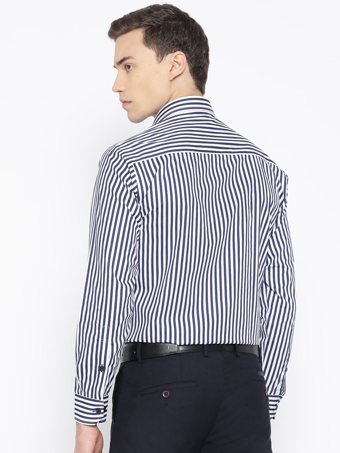 Men White & Navy Pure Cotton Striped Slim Fit Formal Shirt - #folk republic#