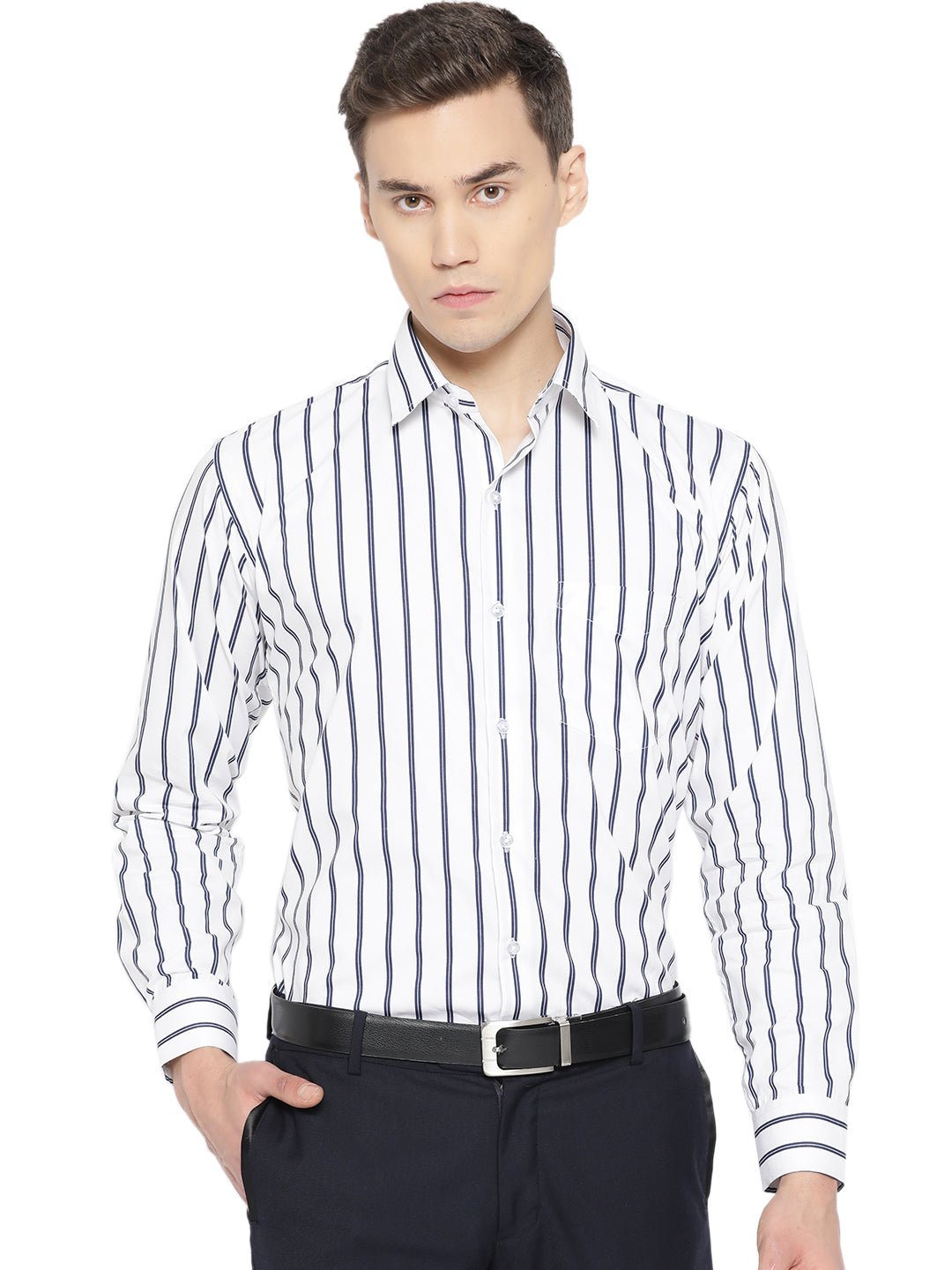 Men White & Navy Pure Cotton Striped Slim Fit Formal Shirt - #folk republic#