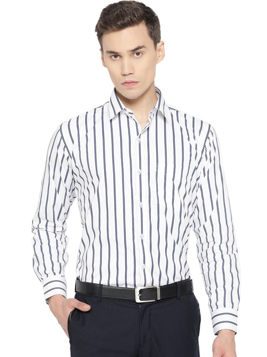 Men White & Navy Pure Cotton Striped Slim Fit Formal Shirt - #folk republic#