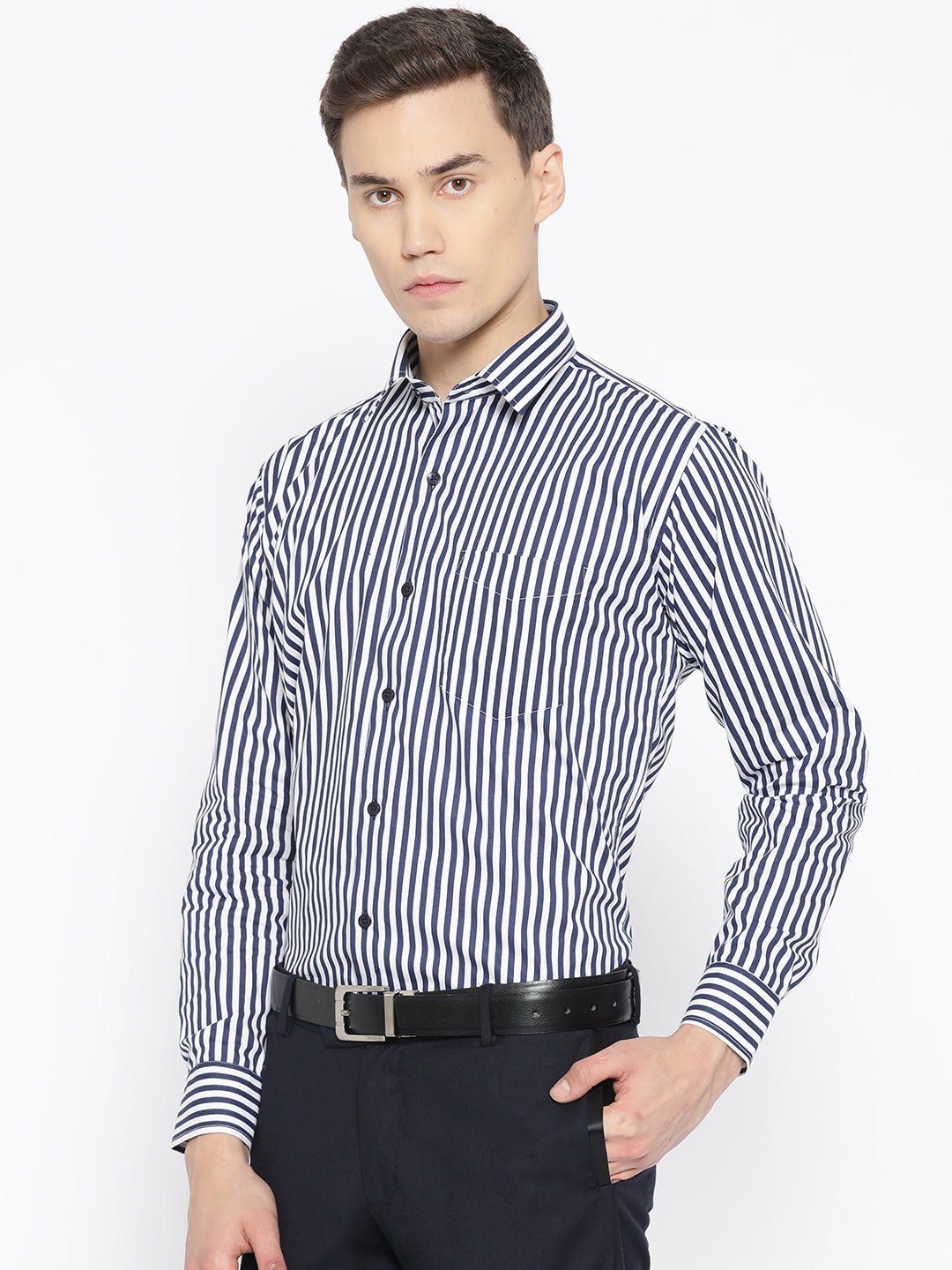 Men White & Navy Pure Cotton Striped Slim Fit Formal Shirt - #folk republic#