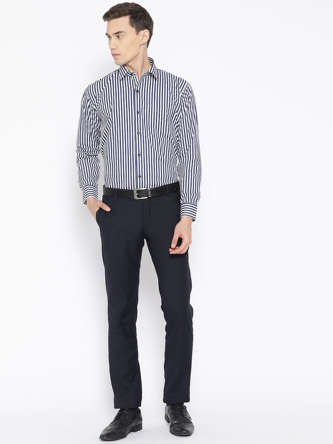 Men White & Navy Pure Cotton Striped Slim Fit Formal Shirt - #folk republic#