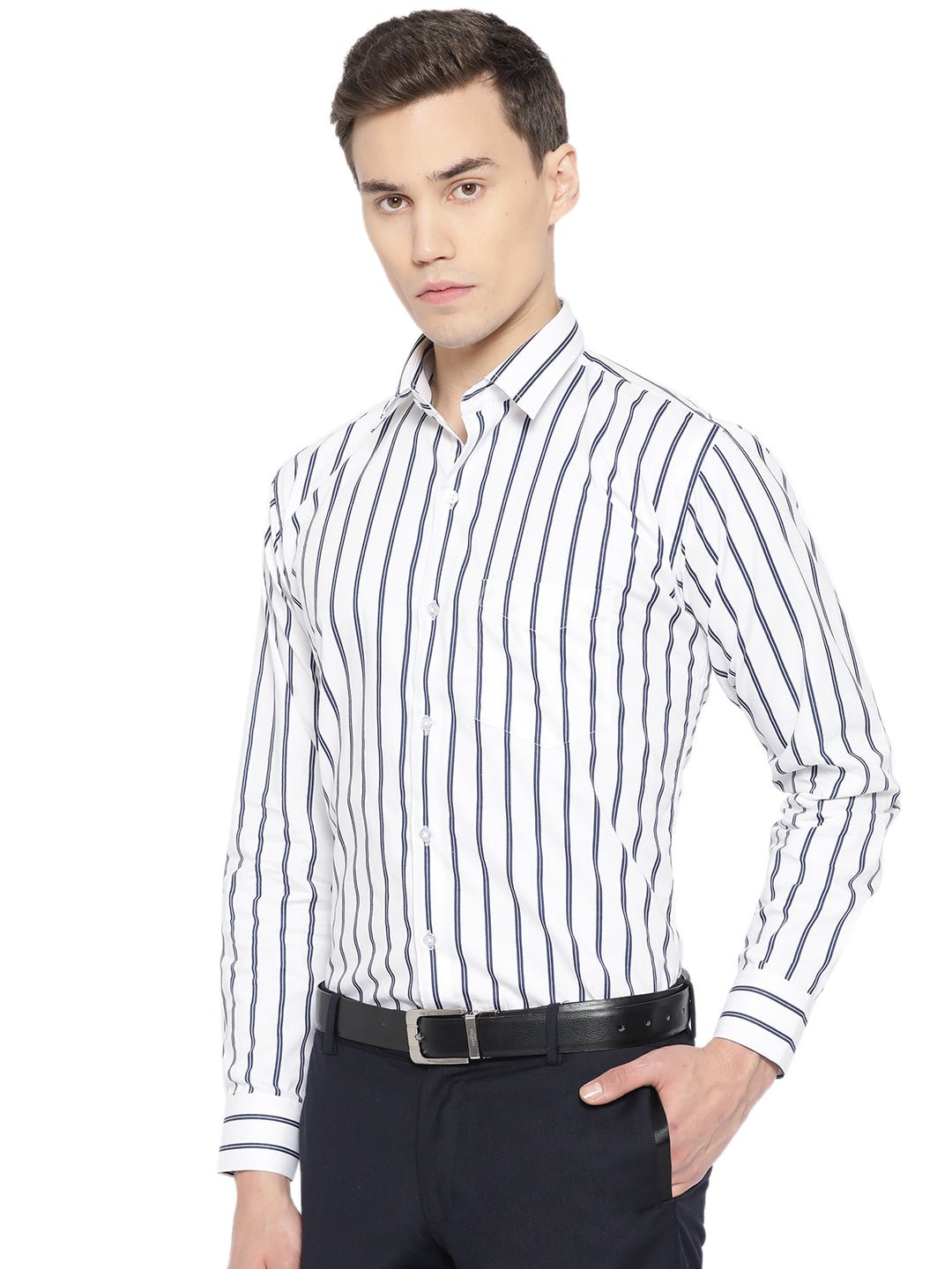 Men White & Navy Pure Cotton Striped Slim Fit Formal Shirt - #folk republic#