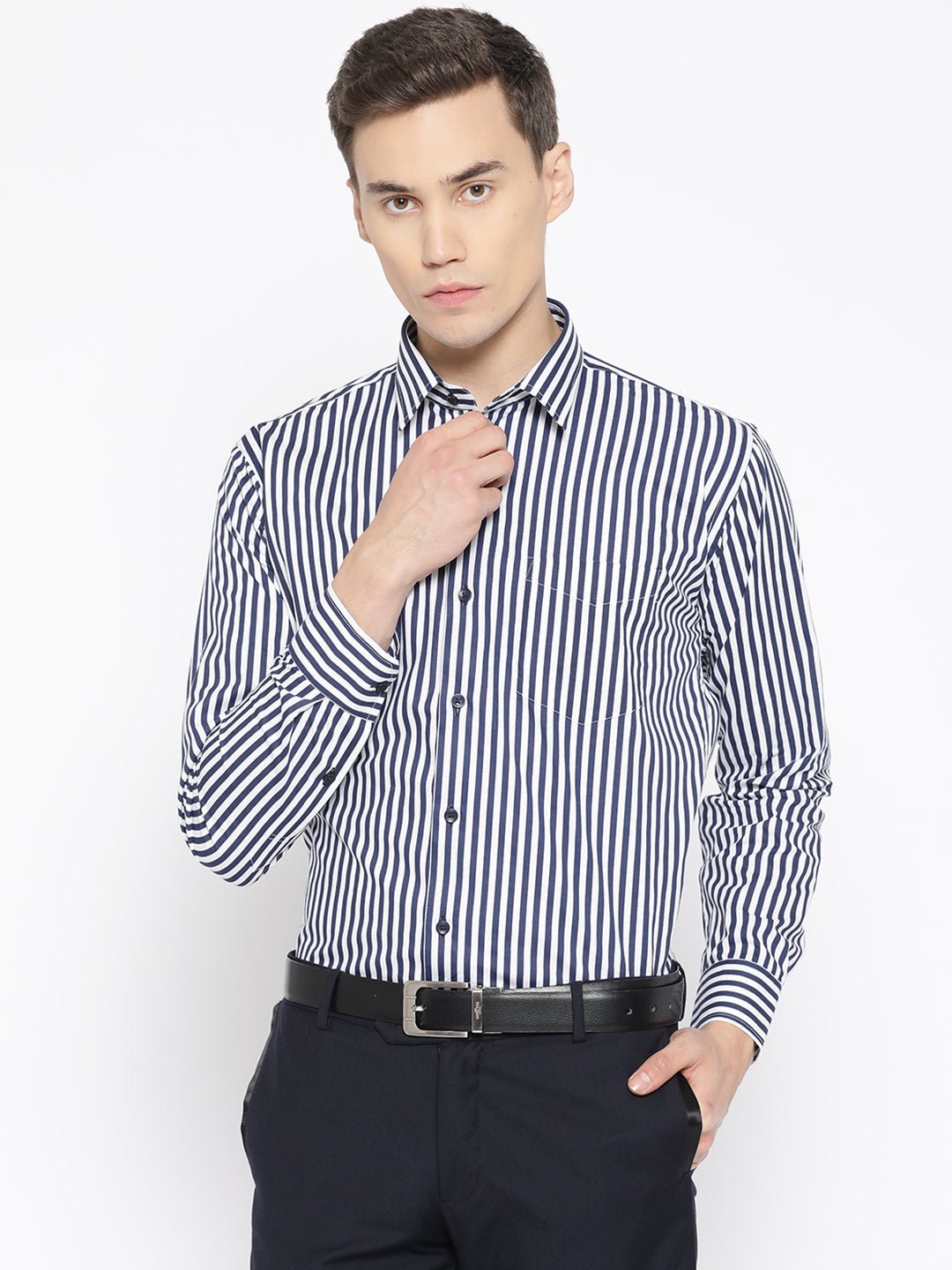 Men White & Navy Pure Cotton Striped Slim Fit Formal Shirt - #folk republic#