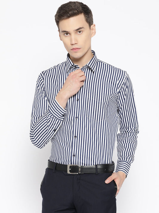 Men White & Navy Pure Cotton Striped Slim Fit Formal Shirt - #folk republic#