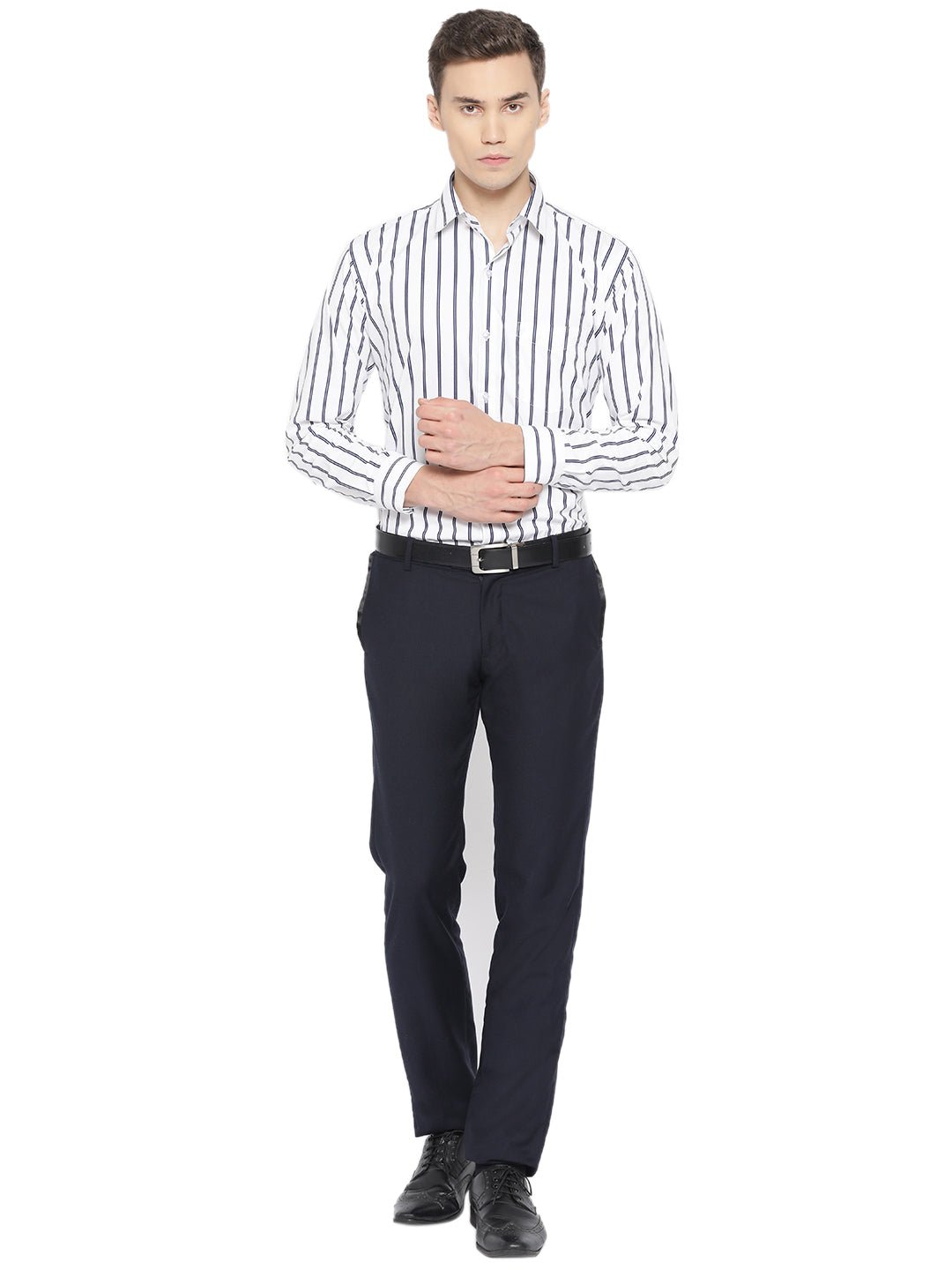 Men White & Navy Pure Cotton Striped Slim Fit Formal Shirt - #folk republic#